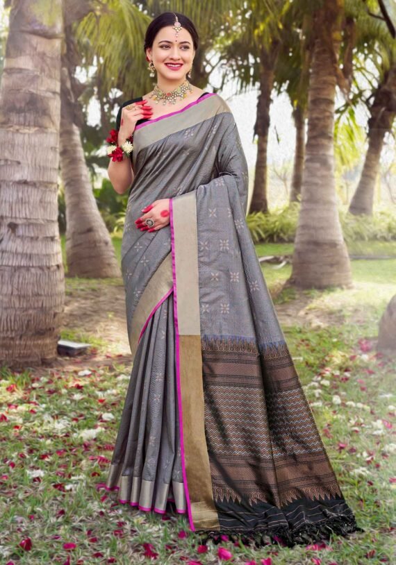 Elegant Dark Grey Silk Saree in Luxurious Soft Fabric
