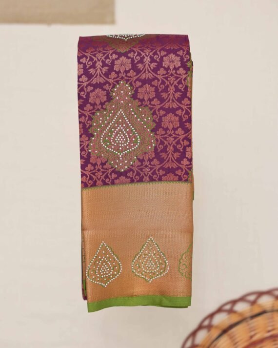 Elegant Purple Stone-Embroidered Premium Silk Saree