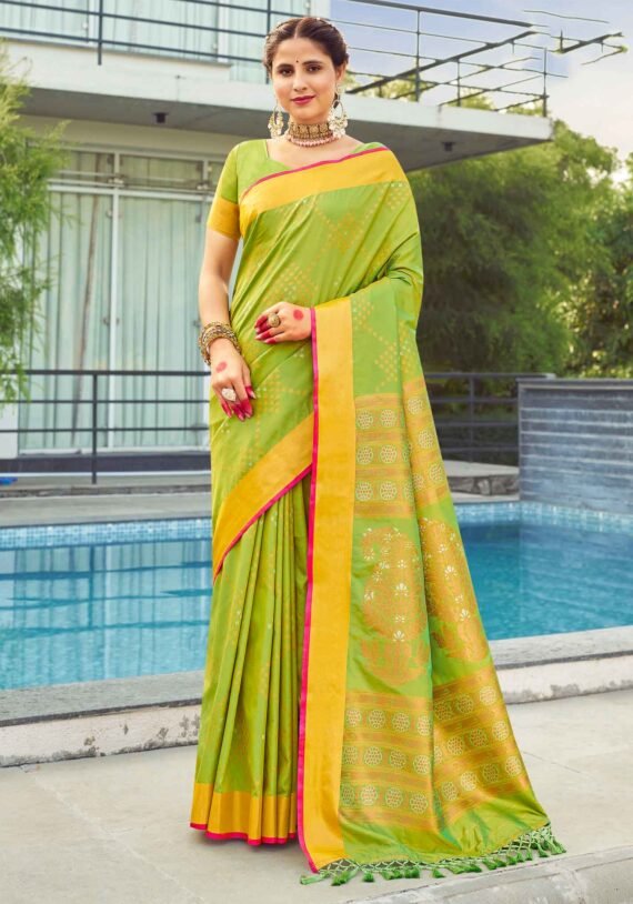 Luxurious Soft Silk Saree in Elegant Light Green and Yellow Hues