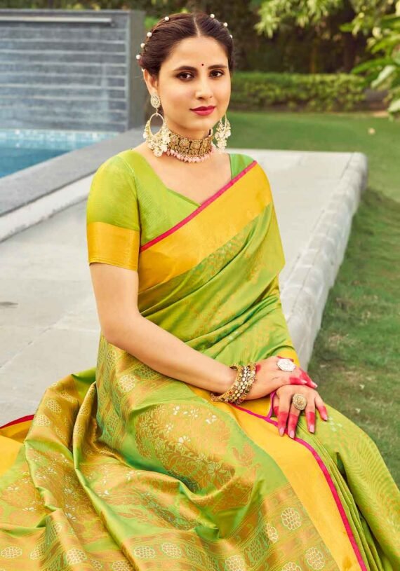 Luxurious Soft Silk Saree in Elegant Light Green and Yellow Hues - Image 2