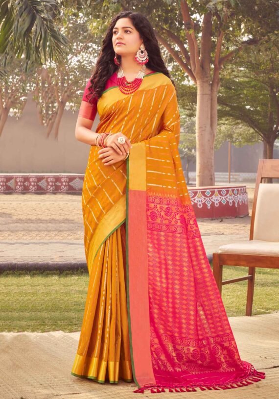 Luxurious Soft Silk Saree in Elegant Dark Yellow and Pink Hues