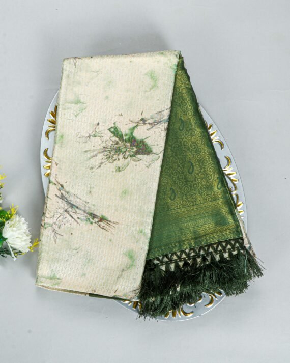 Elegant Cream and Green Floral Design Soft Silk Saree